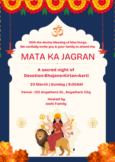Orange and Blue Mata Ka Jagran Invitation Design