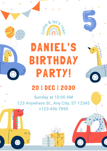 Colorful Dinosaur & Cars Birthday Party Invitation