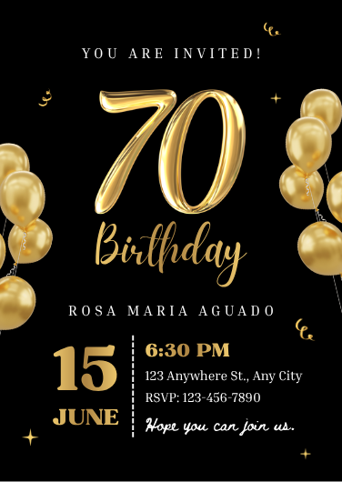Black and Gold 70th Birthday Invitation Template