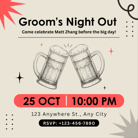 Beige & Red Vintage Groom's Night Out Invitation