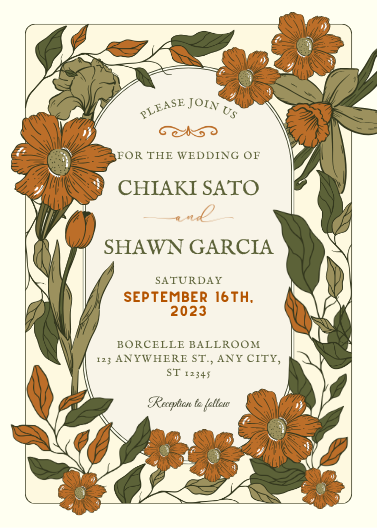 Vintage Floral Ivory, Green, and Orange Wedding Invitation