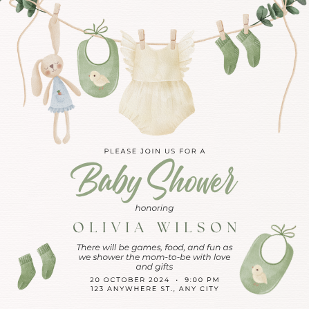 Green Watercolor Clothesline Baby Shower Invitation