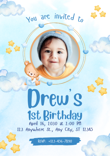 Blue Watercolor Teddy Bear 1st Birthday Invitation