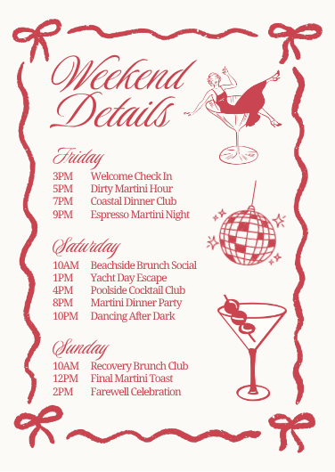Vintage Red and White Bachelorette Weekend Itinerary Template