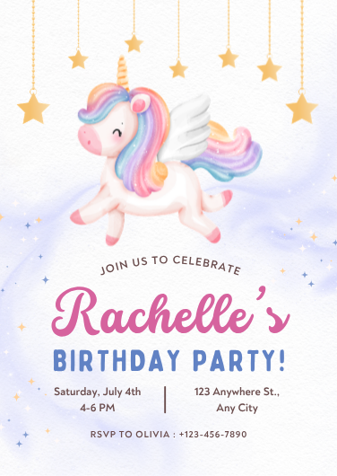 Pastel Watercolor Unicorn Birthday Party Invitation