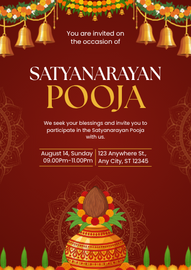 Red and Gold Traditional Satyanarayan Pooja Invitation
