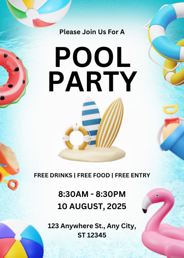 Blue and Pink Bold Pool Party Invitation Template