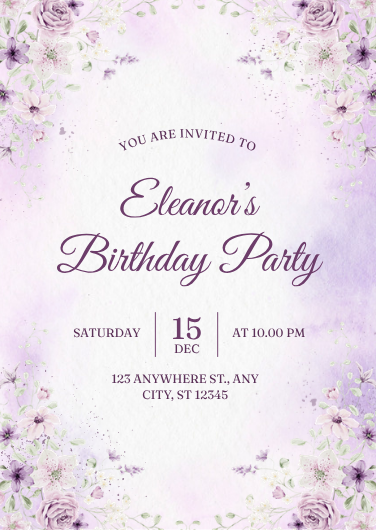Elegant Lavender Watercolor Floral Birthday Invitation