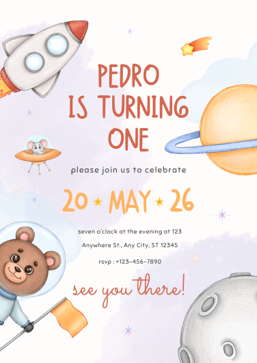 Peach and White Illustrated Outer Space Kids Birthday Invitation