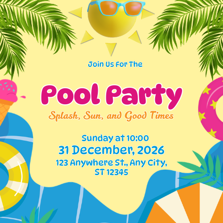 Yellow, Pink, and Blue Playful Pool Party Invitation