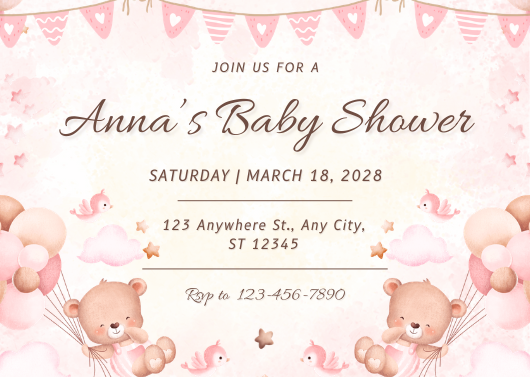 Pink and Brown Cute Watercolor Baby Shower Invitation