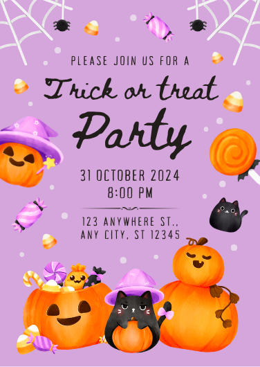 Purple Illustrative Trick or Treat Invitation Template