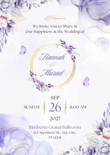 Purple and Gold Watercolor Floral Wedding Invitation