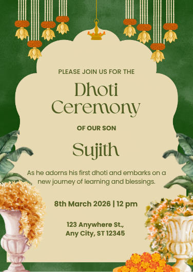Green and Orange Traditional Dhoti Ceremony Invitation Design