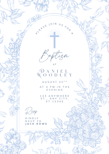 Elegant Blue and White Floral Baptism Invitation Template