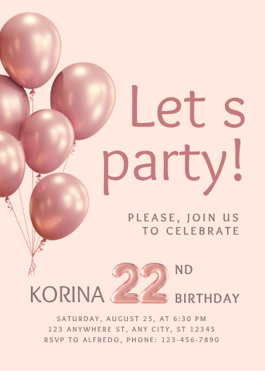 Playful Rose Gold Balloon Birthday Invitation Template