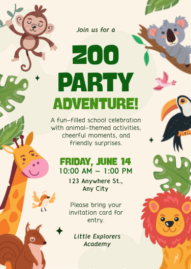 Beige and Green Zoo Party Adventure Invitation Design