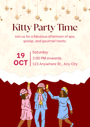 Red and Beige Illustrated Kitty Party Invitation Template