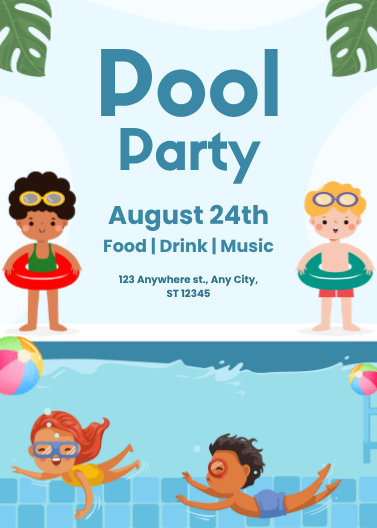 Blue and White Illustrative Kids Pool Party Invitation