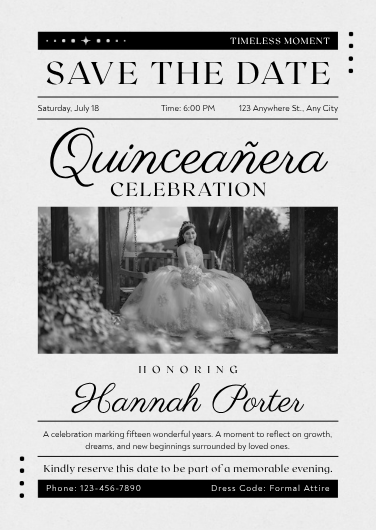 Elegant Black & White Quinceañera Newspaper Invitation