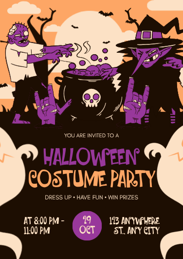 Purple, Orange and Black Illustrated Halloween Costume Party Invitation