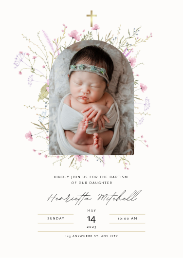 Delicate Floral Arch Photo Baptism Invitation