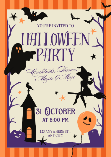 Modern Orange and Black Illustrated Halloween Party Invitation