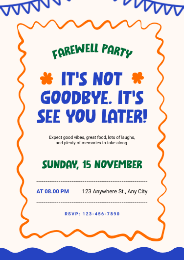 Blue & Orange Playful Farewell Party Invitation Template