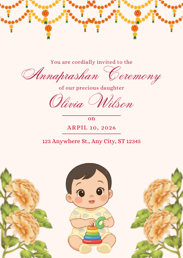 Peach and Green Illustrated Annaprashan Invitation Template