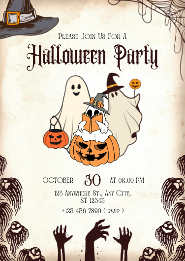 Orange & White Illustrative Halloween Party Invitation