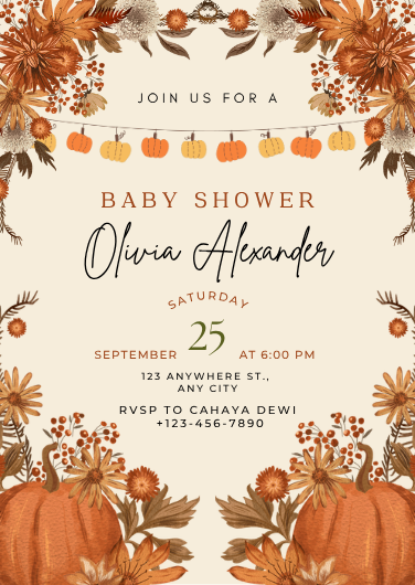 Orange and Brown Fall Pumpkin Baby Shower Invitation