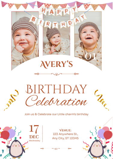 Playful Pink and Gold First Birthday Invitation Design