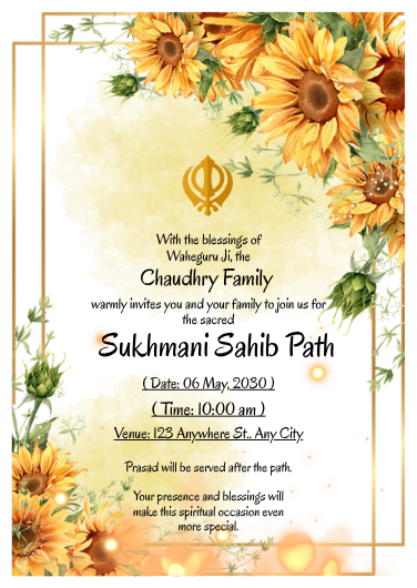 Traditional Sunflower Sukhmani Sahib Path Invitation