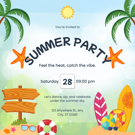 Playful Orange, Blue & Yellow Summer Beach Party Invitation