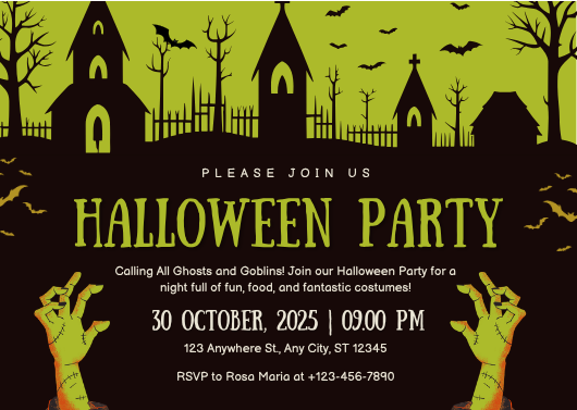 Green and Black Illustrative Halloween Party Invitation