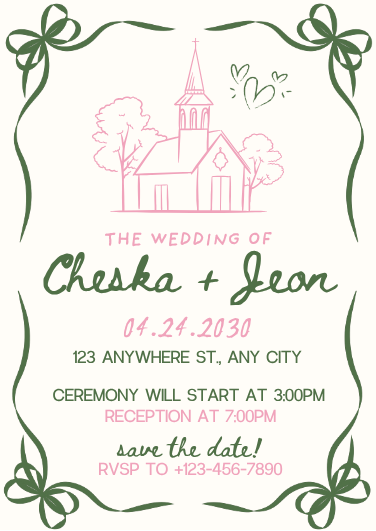 Pink and Green Illustrated Church Wedding Invitation