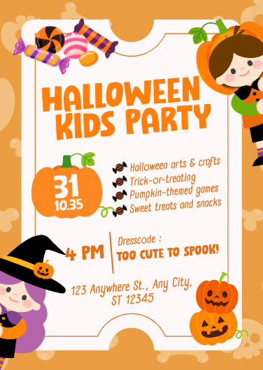Cute Orange and Black Halloween Kids Party Invitation