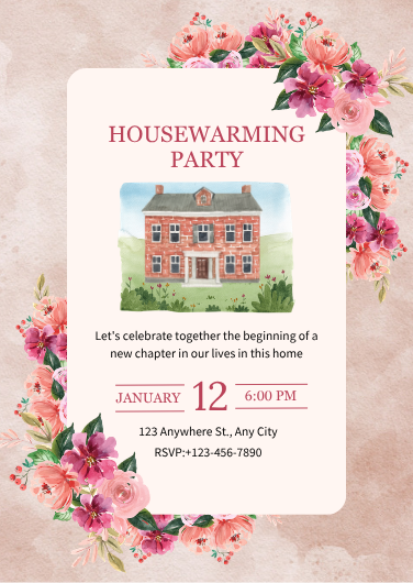 Pink Watercolor Floral Housewarming Invitation Template