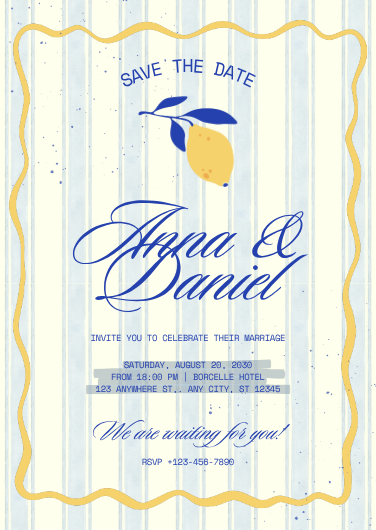Yellow and Blue Playful Lemon Wedding Invitation Design