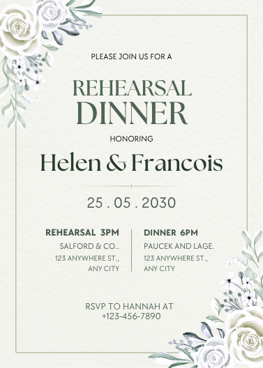 Green & White Floral Watercolor Rehearsal Dinner Invite