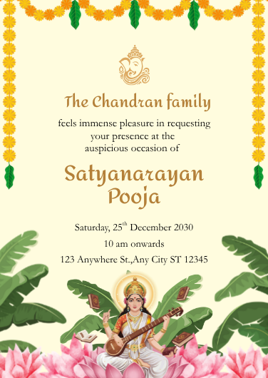 Yellow and Green Traditional Satyanarayan Pooja Invitation