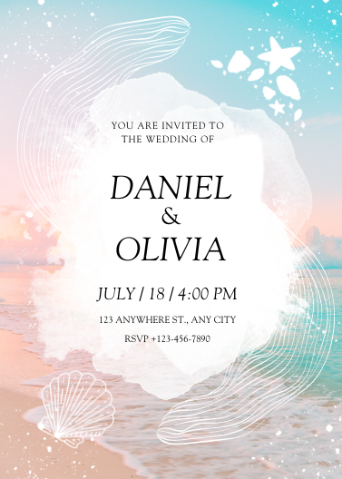 Pink and Blue Watercolor Beach Wedding Invitation