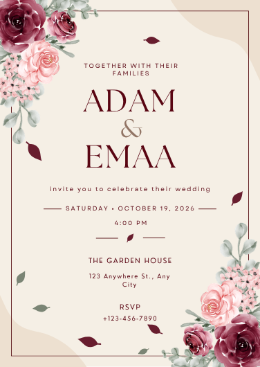 Romantic Blush Pink and Burgundy Floral Wedding Invitation