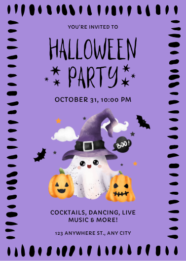 Cute Illustrative Purple Halloween Party Invitation Template