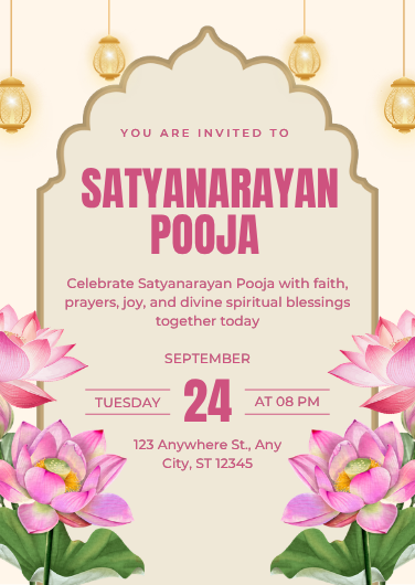 Editable Pink and Gold Satyanarayan Pooja Invitation