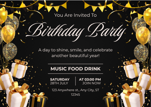 Black & Gold Elegant Birthday Party Invitation Template