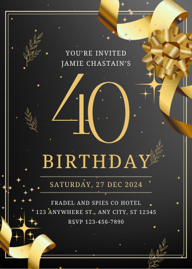 Black and Gold Classy 40th Birthday Party Invitation