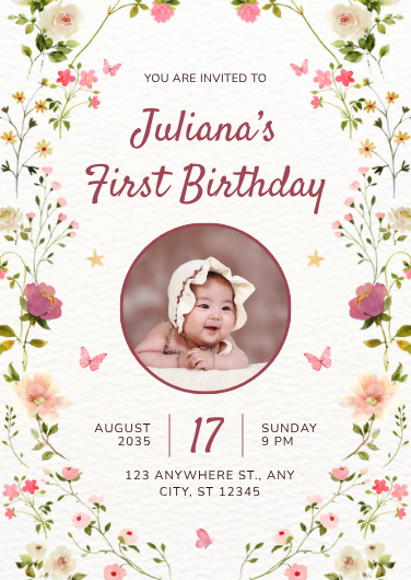 Soft Pink and Cream Floral First Birthday Invitation Design