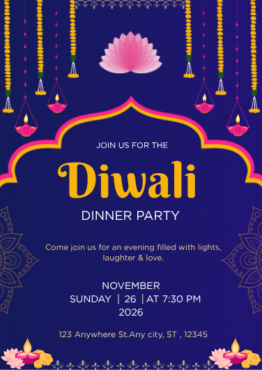 Festive Blue and Gold Diwali Dinner Party Invitation Template
