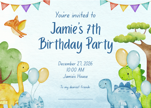 Blue & Green Watercolor Dinosaur 7th Birthday Invitation
